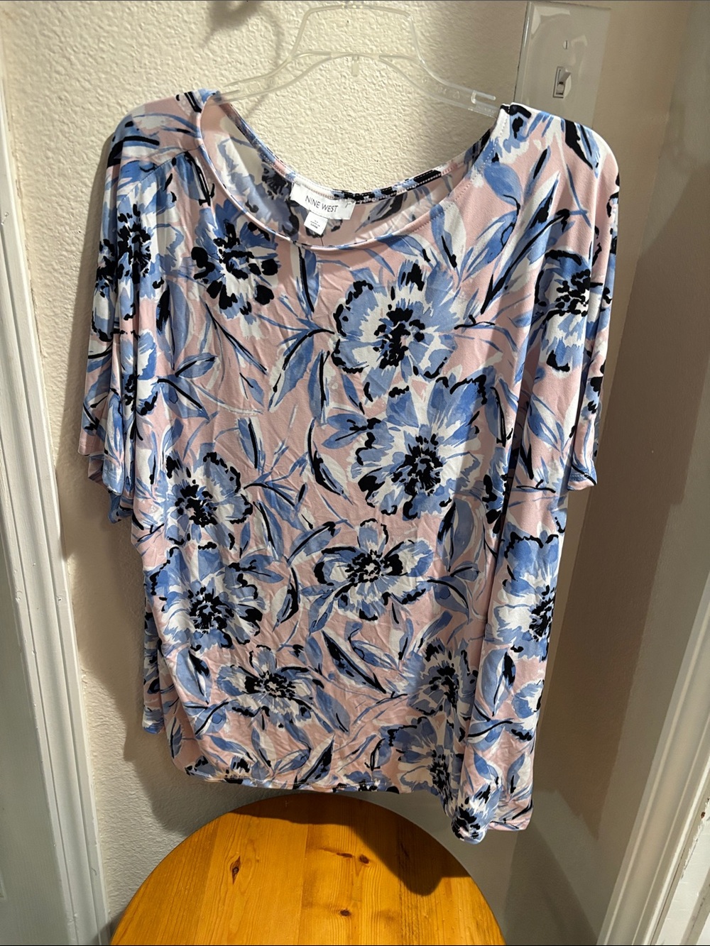 Nine West Blush Pink and Blue Floral Short Sleeve Tunic 3X NWT